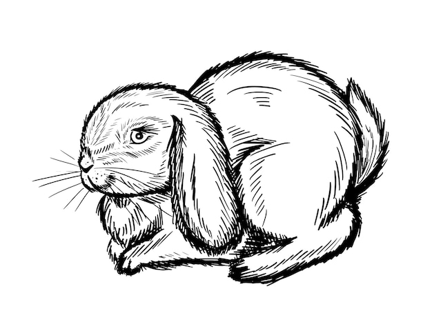Boceto dibujado a mano de conejito lindo. liebre asentada con tinta. ilustración de vector.