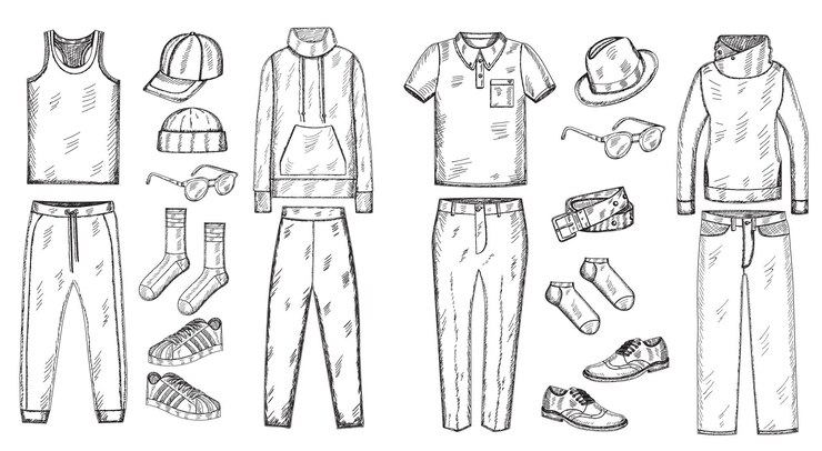 Vector boceto dibujado a mano conjunto colección de ropa para hombre