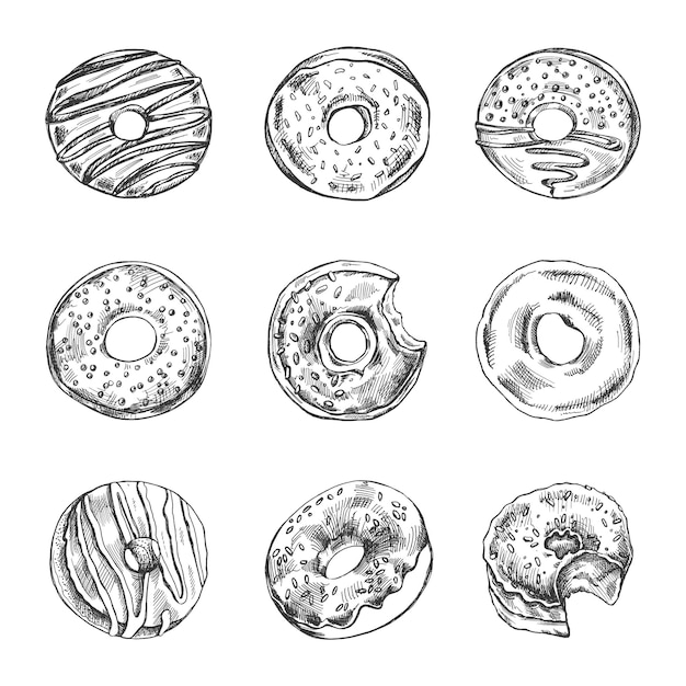Un boceto dibujado a mano de un conjunto de donuts Vista superior Ilustración vintage Pastelería Dulces Postre Elemento para el diseño de etiquetas, embalajes y postales