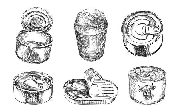 Boceto dibujado a mano conjunto de latas. El conjunto incluye lata, lata de pescado, latas de alimentos enlatados, lata abierta, vista superior de la lata cerrada