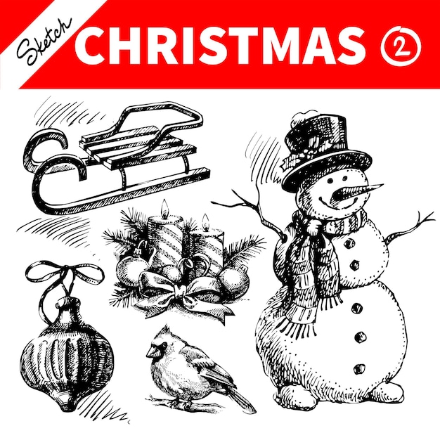 Boceto dibujado a mano conjunto de Navidad de invierno. Ilustración vectorial