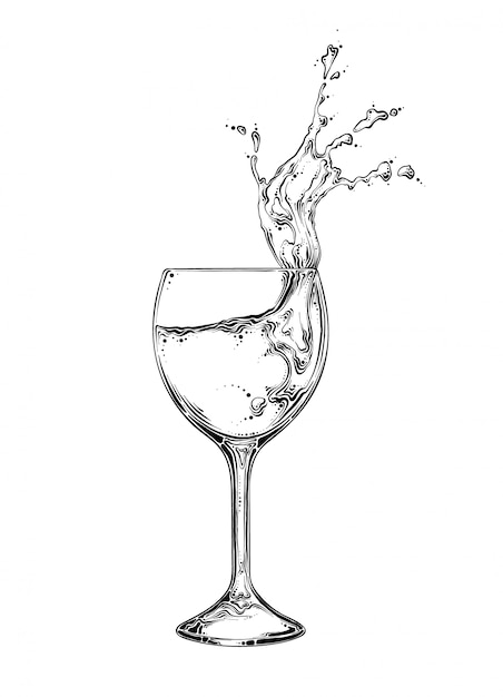 Boceto dibujado a mano copa de vino con spray de líquido en color negro. Aislado