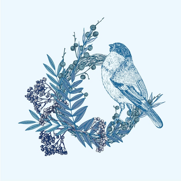 Boceto dibujado a mano corona florística de invierno con ramas de bayas de serbal de pájaro hojas en estilo de grabado Decoración de puerta vintage Marco gráfico de boda Hola otoño Acción de gracias retro Vector