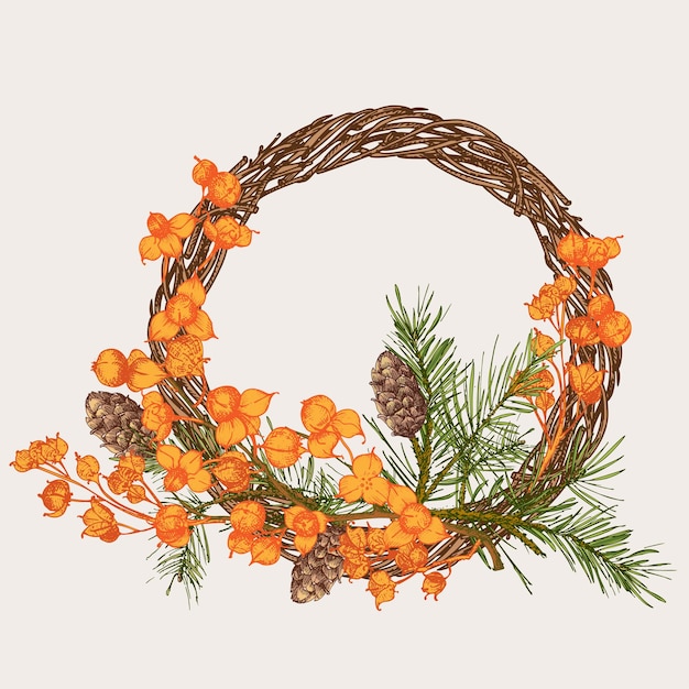 Boceto dibujado a mano corona de otoño con conos de pino bayas ramas hojas en estilo de grabado Guirnalda de puerta florística vintage Decoración retro de acción de gracias Marco gráfico de boda Hola otoño Vector
