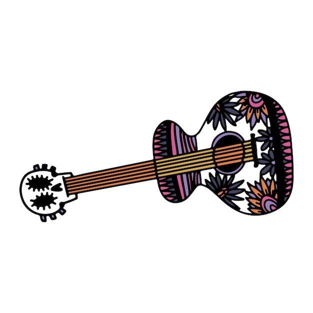 Boceto dibujado a mano del día de muertos para la fiesta mexicana dia de los muertos guitarra con la imagen