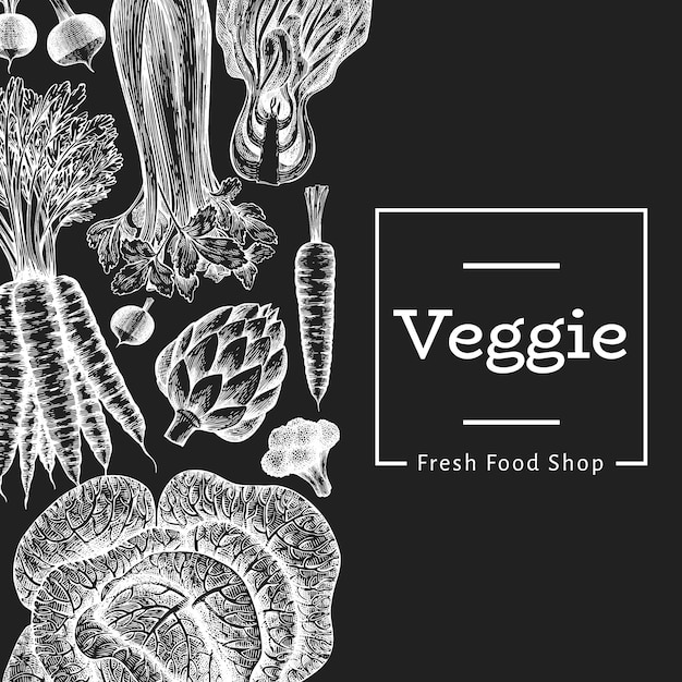 Boceto dibujado a mano diseño de verduras. Plantilla de banner de alimentos frescos orgánicos. Fondo vegetal retro. Grabado estilo botánico ilustraciones en pizarra.