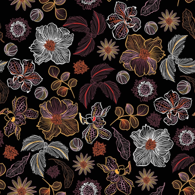 Boceto dibujado a mano flor de línea en muchos tipos de flores plantas botánicas de patrones sin fisuras