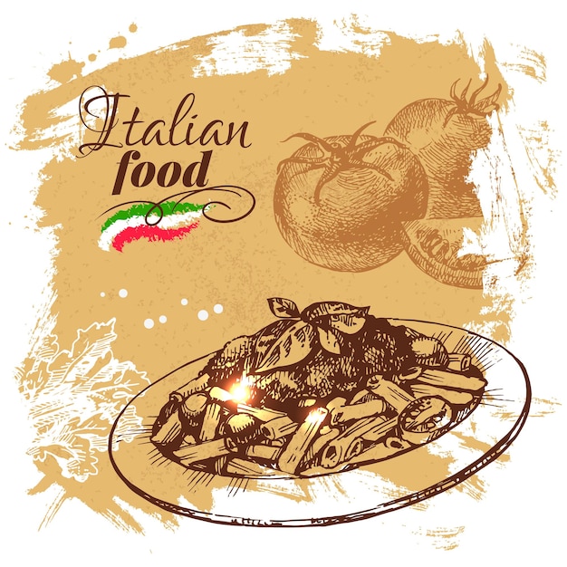 Boceto dibujado a mano fondo de comida italiana.ilustración de vector. diseño de menú de restaurante