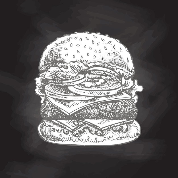 Vector boceto dibujado a mano de gran deliciosa hamburguesa o hamburguesa aislada en el fondo de la pizarra