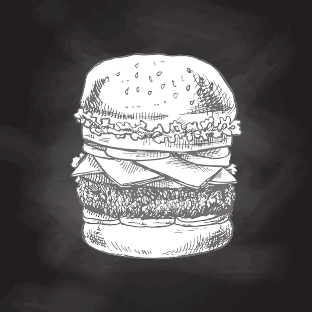 Vector boceto dibujado a mano de gran deliciosa hamburguesa o hamburguesa aislada en el fondo de la pizarra