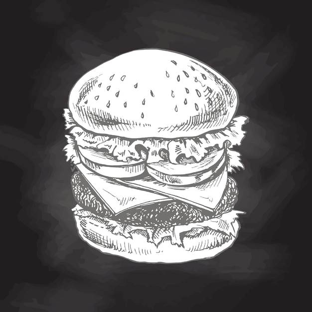Boceto dibujado a mano de gran deliciosa hamburguesa o hamburguesa aislada en el fondo de la pizarra