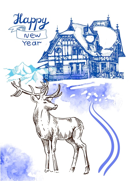 Boceto dibujado a mano ilustración paisaje navideño con casa y ciervo nosotros para tarjetas postales invitaciones y decoraciones navideñas