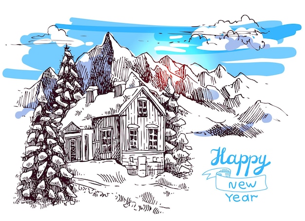 Boceto dibujado a mano ilustración paisaje navideño con casa en las montañas nosotros para tarjetas postales invitaciones y decoraciones navideñas