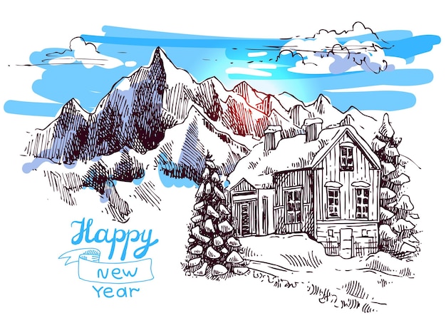 Vector boceto dibujado a mano ilustración paisaje navideño con casa en las montañas nosotros para tarjetas postales invitaciones y decoraciones navideñas