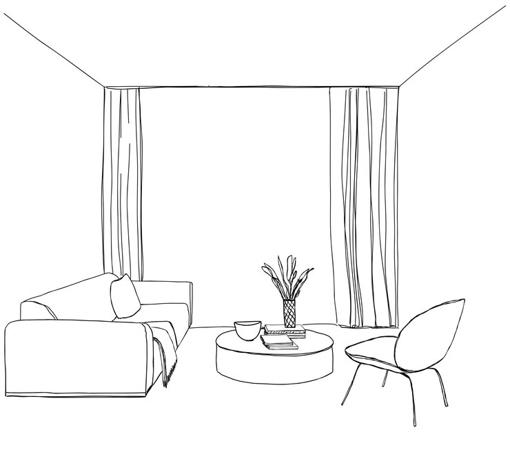 Boceto dibujado a mano del interior de la habitación Sofá mesa y silla