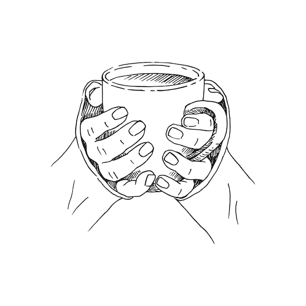 Boceto dibujado a mano de manos sosteniendo una taza de café, té, etc. ilustración vectorial aislada sobre fondo blanco