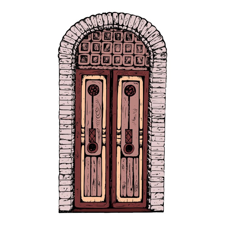 Vector boceto dibujado a mano o grabado puertas vintage y hiedra