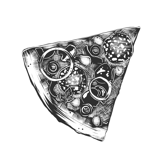 Boceto dibujado a mano de pizza italiana en monocromo