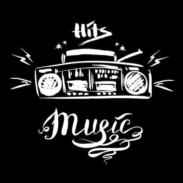 Boceto dibujado a mano con reproductor de música y estilos musicales letras signos ilustración vectorial