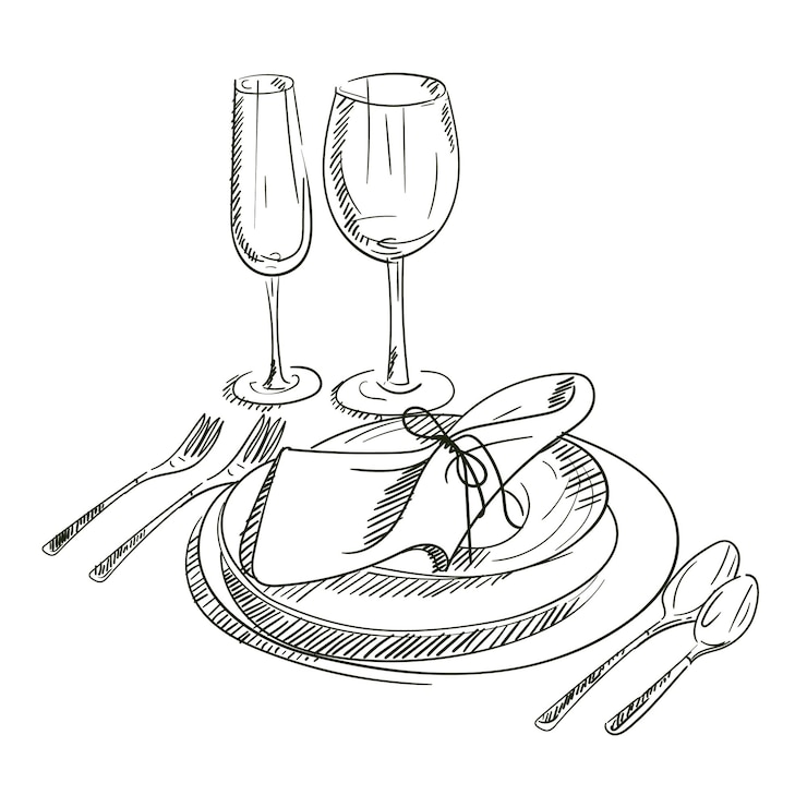 Vector un boceto dibujado a mano de un servicio de cena para una ceremonia de boda preparación para la ceremonia de boda