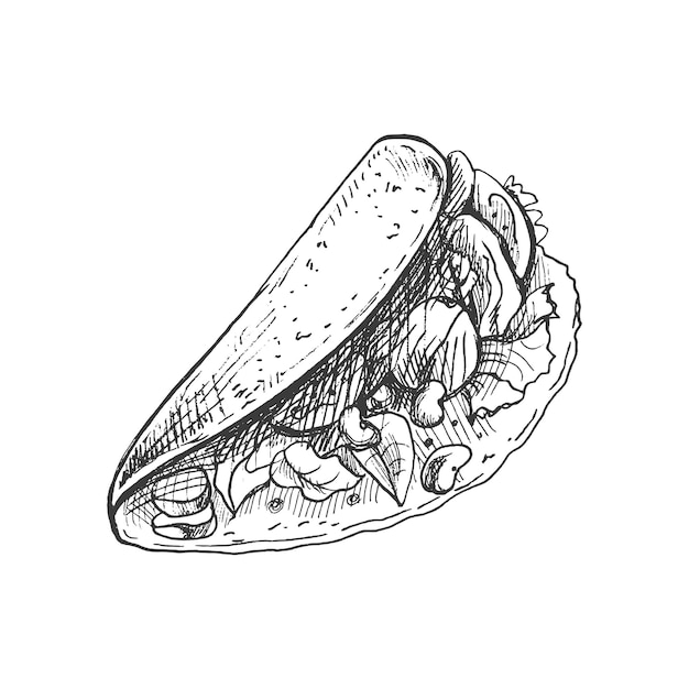 Boceto dibujado a mano de taco sobre fondo blanco Ilustración vintage de comida rápida Elemento para el diseño de etiquetas, embalajes y postalesxA
