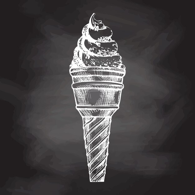 Un boceto dibujado a mano de una taza de waffle con yogur congelado o helado suave en el fondo de la pizarra