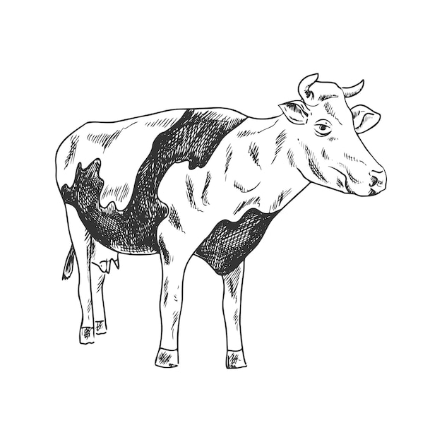 Boceto dibujado a mano de una vaca manchada, Elemento de ilustración Vintage para etiquetas, embalajes y postales