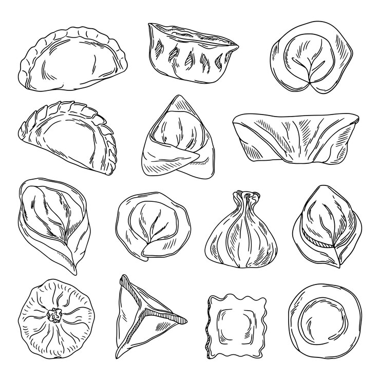 Vector boceto dibujado a mano vareniki pelmeni albóndigas de carne comida cocina platos nacionales productos de la masa y la carne
