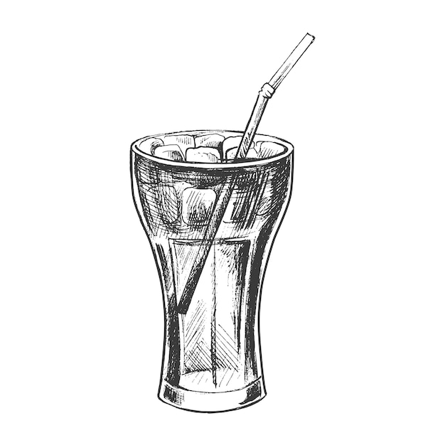 Boceto dibujado a mano de vaso de cola con hielo aislado sobre fondo blanco Ilustración vintage de comida rápida Elemento para el diseño de etiquetas, embalajes y postalesxA