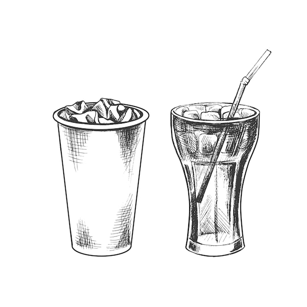 Boceto dibujado a mano de vasos de cola con hielo aislado sobre fondo blanco como ilustración de comida rápida