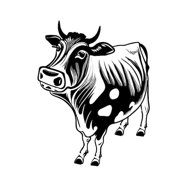 Boceto dibujado a mano con vista de tres cuartos de vaca. agricultura y ganadería. ilustración de vector.