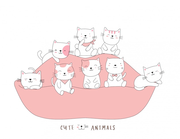 Boceto de dibujos animados el lindo animalito bebé gato en el sofá. Estilo dibujado a mano.