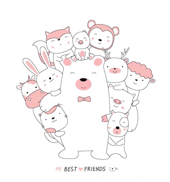 Boceto de dibujos animados del oso lindo bebé animales con amigos. Estilo dibujado a mano.