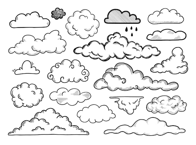 Vector boceto de doodle de conjunto de nubes dibujadas a mano