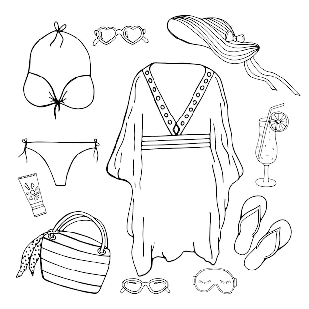 Boceto de doodle dibujado a mano de traje de baño, sombrero de paja, cóctel, crema solar, chanclas, túnica, antifaz para dormir, bolso, gafas de sol. Ilustración de vacaciones de vacaciones. Vector plano para tarjeta de felicitación, invitación