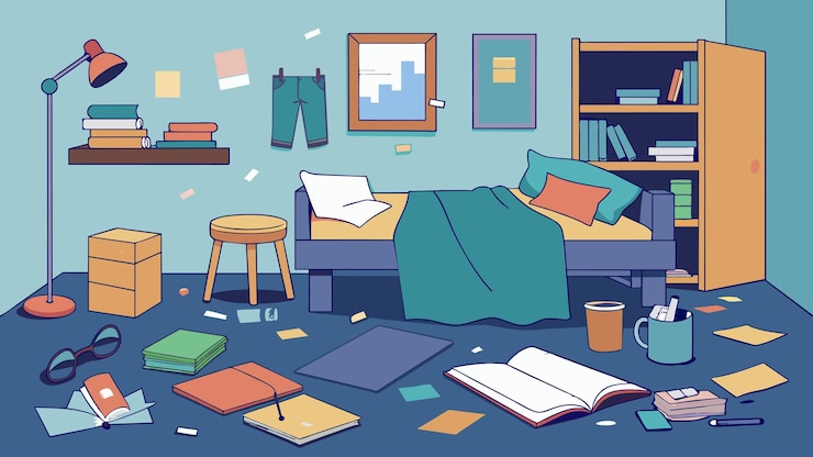 Vector un boceto de un dormitorio desordenado con ropa y libros de texto en el suelo y carteles que cubren el