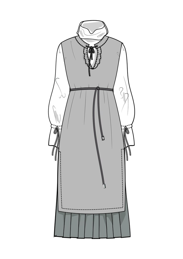 Vector boceto de estilo de moda dibujado a mano con el cuello del vestido largo elegante ilustración del contorno