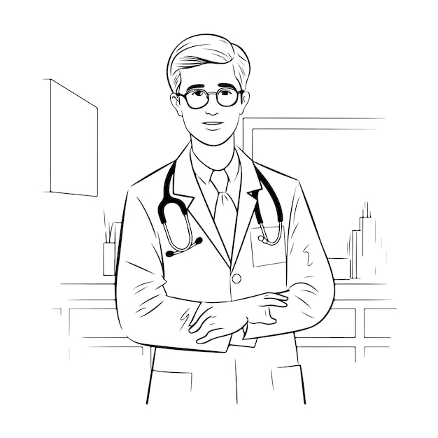 Vector boceto feliz de un médico en fondo blanco generativo ai