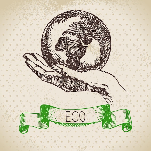 Boceto de fondo vintage ecología. Ilustración de vector dibujado a mano