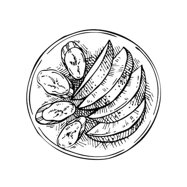 Boceto de fruta en rodajas en un plato: manzana y plátano. dibujado a mano ilustración de tinta