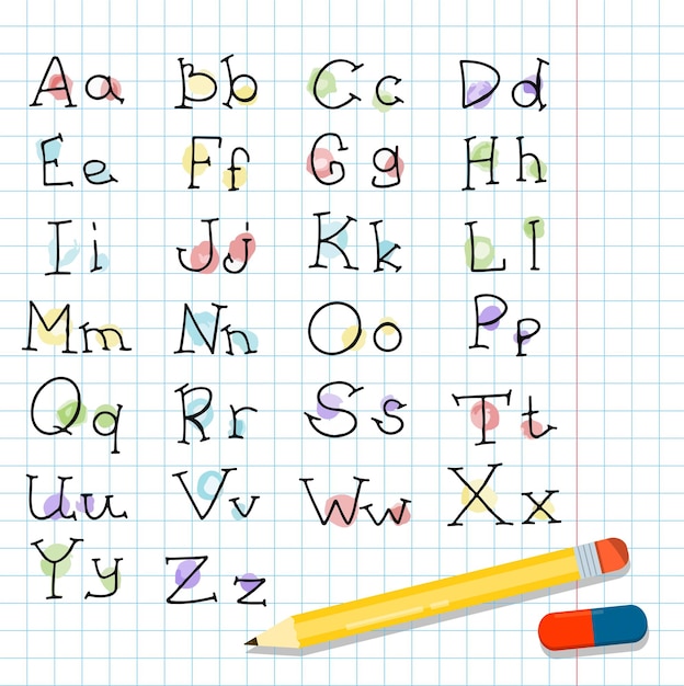 Boceto de fuente manuscrita de vector con el alfabeto inglés aislado letras grandes y pequeñas del doodle a n ...