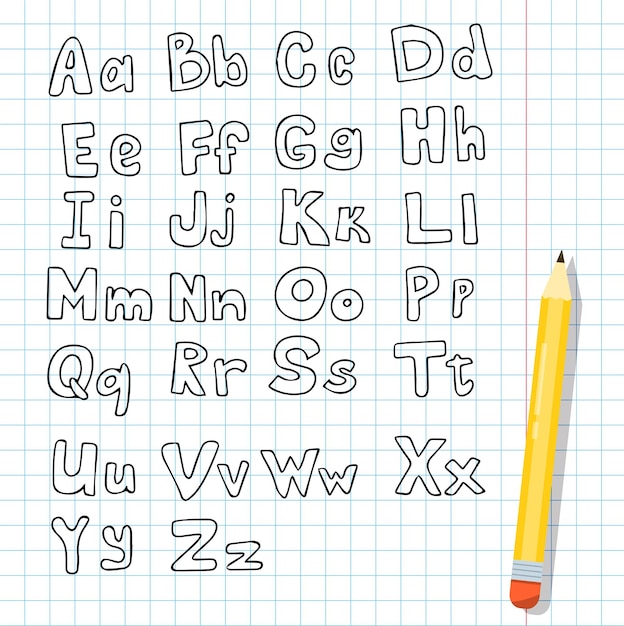 Boceto de fuente manuscrita de vector con el alfabeto inglés aislado letras grandes y pequeñas del doodle a n ...