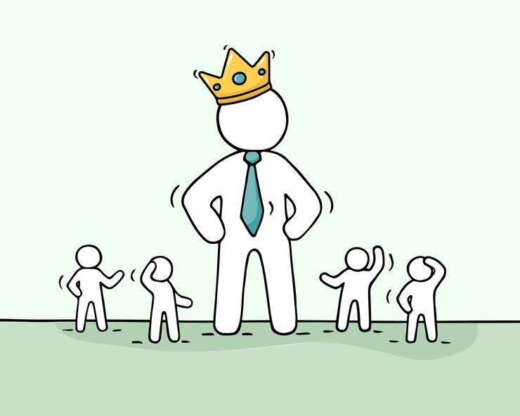 Vector boceto de gente pequeña trabajadora y gran jefe en concepto de corona doodle sobre el trabajo en equipo con el líder