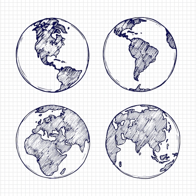 Boceto de globo. dibujado a mano planeta tierra con continentes ilustración vectorial