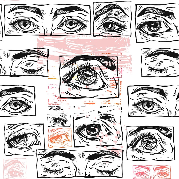Vector boceto de ilustración de icono gráfico stock plano abstracto de vector dibujado a mano, patrón transparente con ojos de mujer manga, gotas y formas de collage con textura simple aisladas sobre fondo rosa pastel.