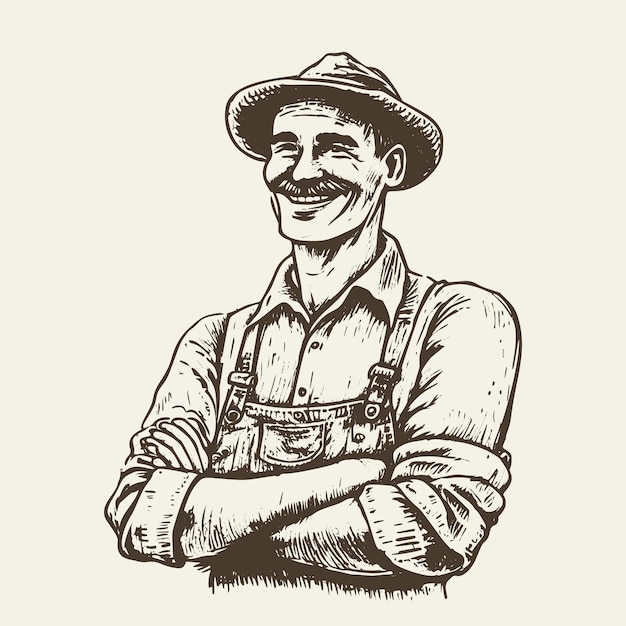 Un boceto de ilustración vectorial dibujado a mano de estilo vintage de un agricultor feliz dedicado a actividades agrícolas y agrícolas