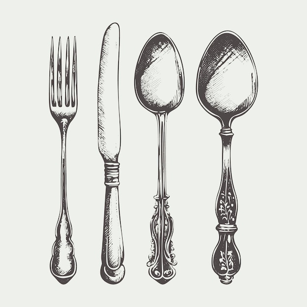 Un boceto de ilustración vectorial realista dibujado a mano de un juego de cubiertos que incluye una cuchara de tenedor y un cuchillo dispuestos como una mesa