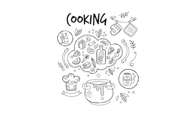 Boceto de ingredientes y herramientas para la preparación de alimentos Cena cocina Tema culinario Elementos gráficos para libro de recetas o menú Conjunto de ilustraciones vectoriales dibujadas a mano aisladas sobre fondo blanco