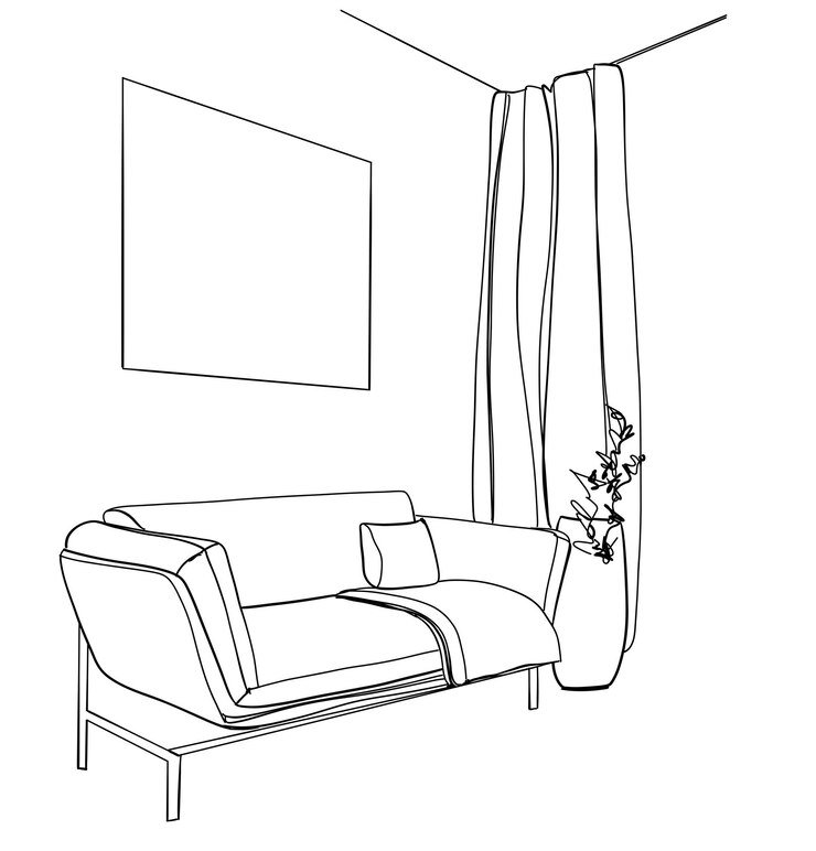 Boceto interior de habitación dibujado a mano Sofá almohada mesa maceta