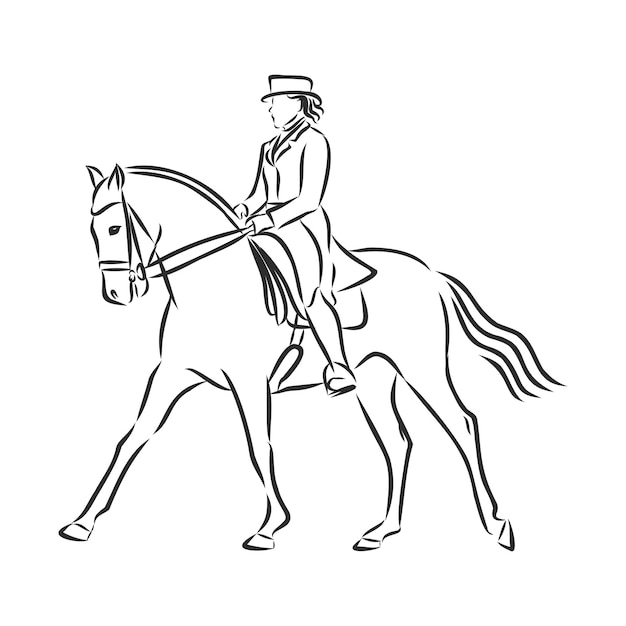 Un boceto de un jinete de doma clásica a caballo ejecutando el medio pase.